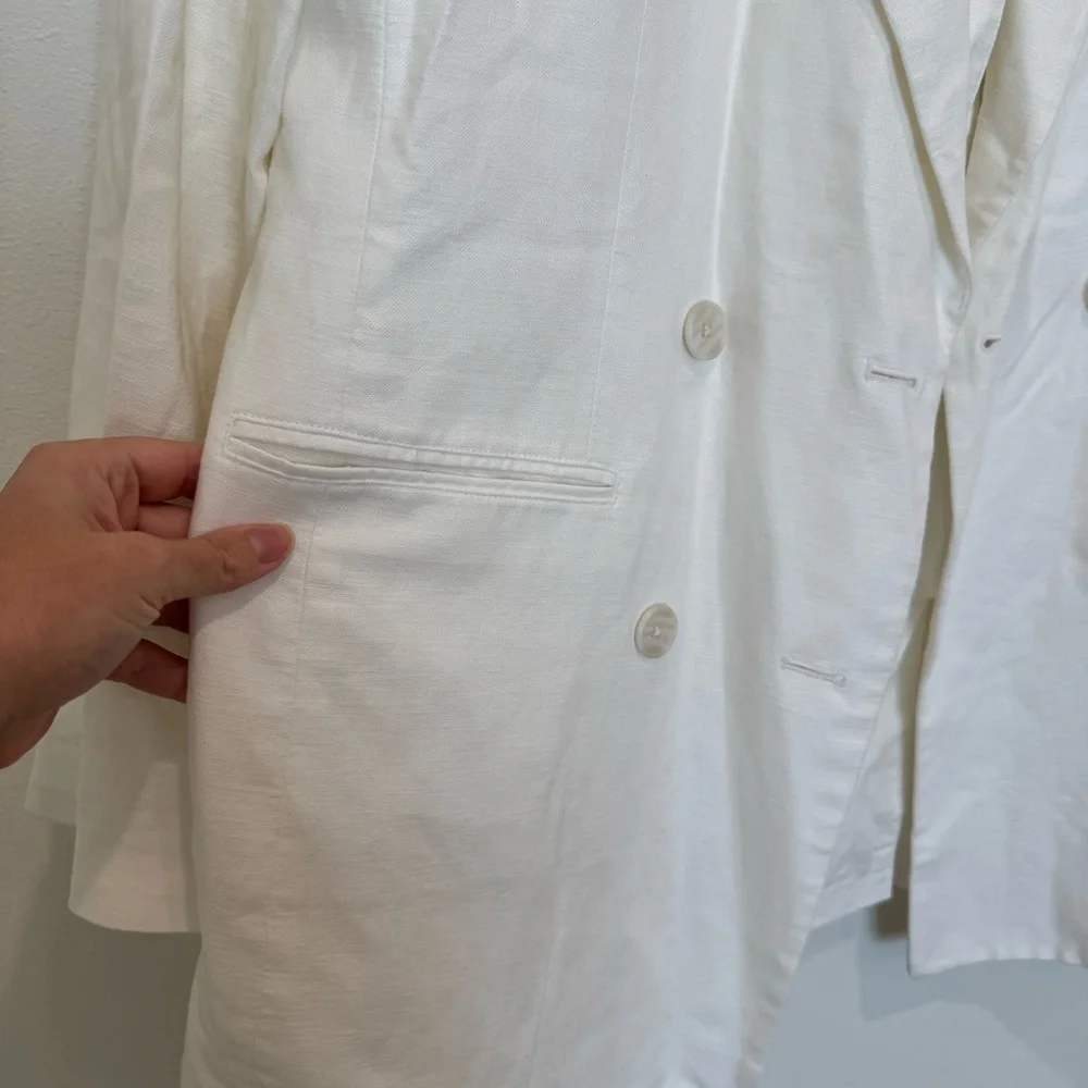 GAP Linen Blend White Double-Breasted Tie Waist Blazer - Picture 3 of 11